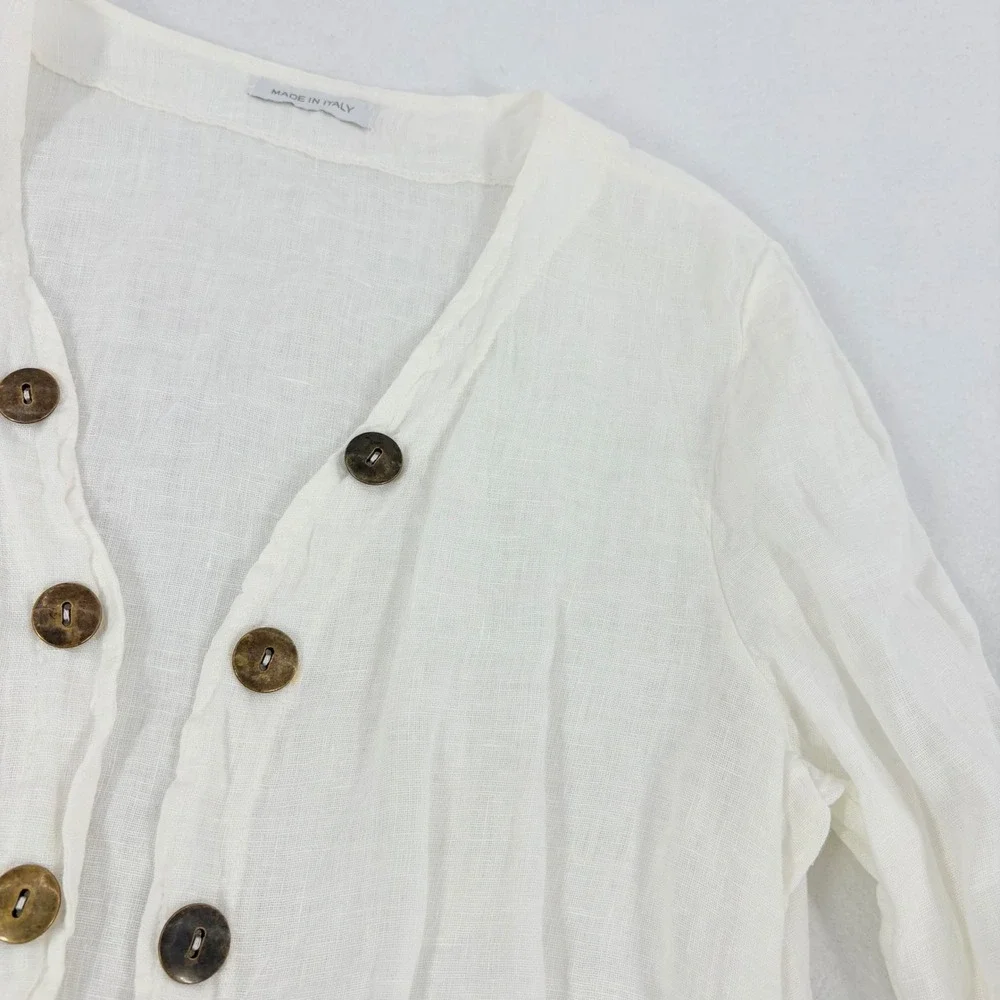 Italian Linen Ruffle Cardigan Women's M/L White Peplum Bell Sleeve Pirate Resort